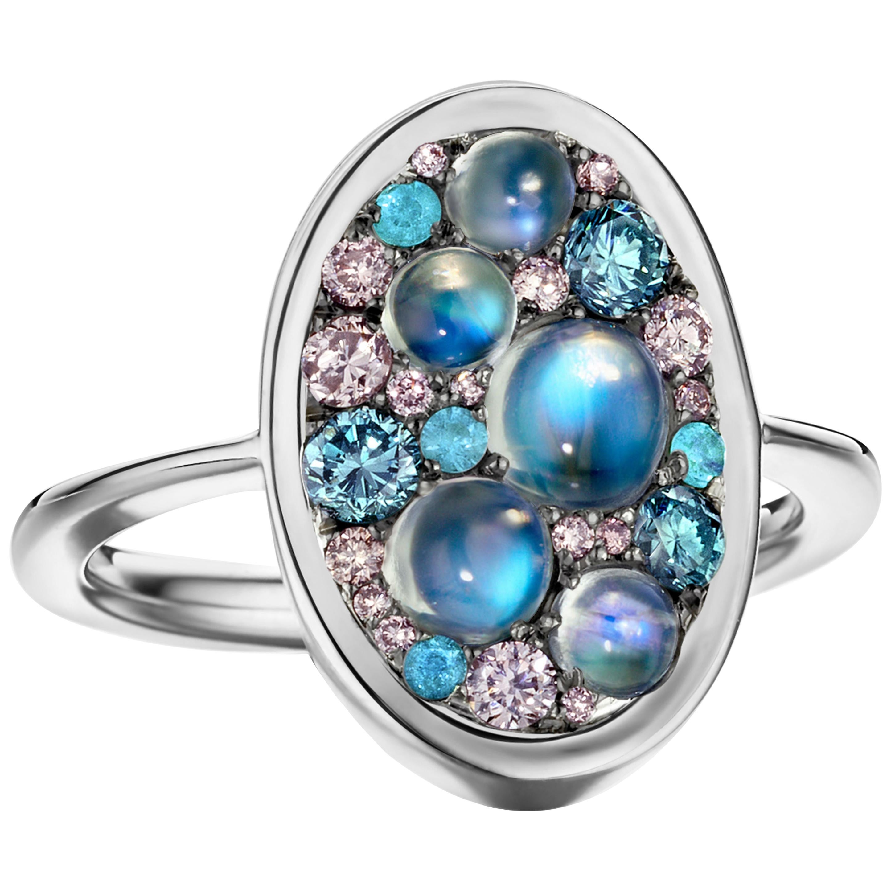 Ceylon Moonstone, 0, 46 ct. Pink & Blue Diamond, Paraïba Tourmaline Pave Ring