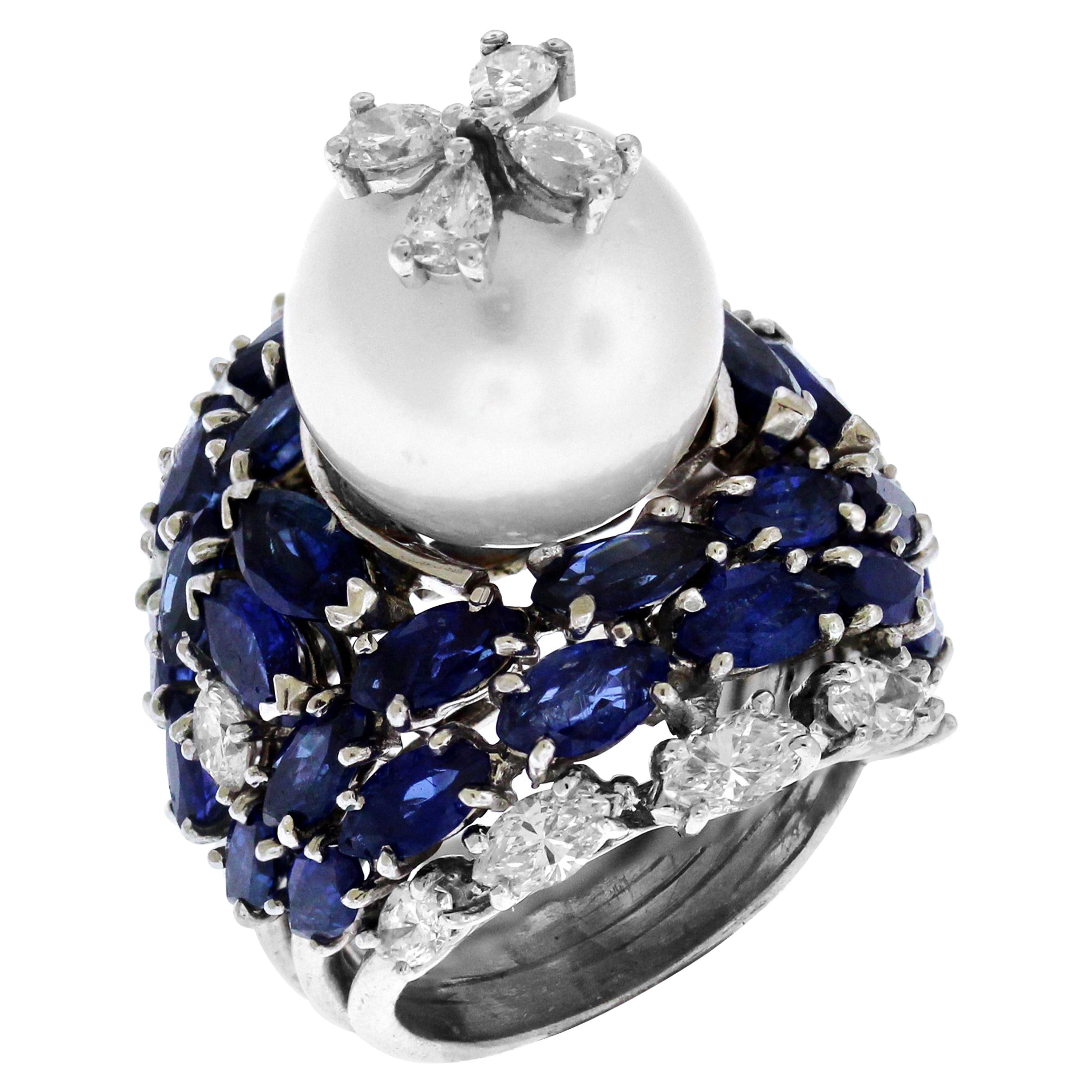 South Sea Pearl Blue Sapphire and Diamond Platinum Cocktail Ring