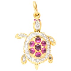 Vintage 1980s 0.56 Carat Diamond Ruby 18 Karat Gold Turtle Charm