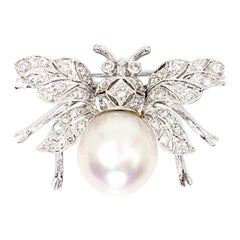 18 Karat White Gold Diamond and Pearl Bee Brooch