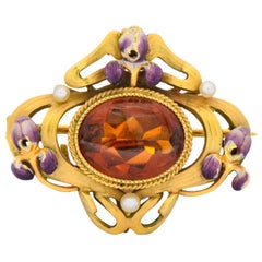 Krementz Art Nouveau Citrine Enamel Pearl 14 Karat Gold Pendant or Brooch