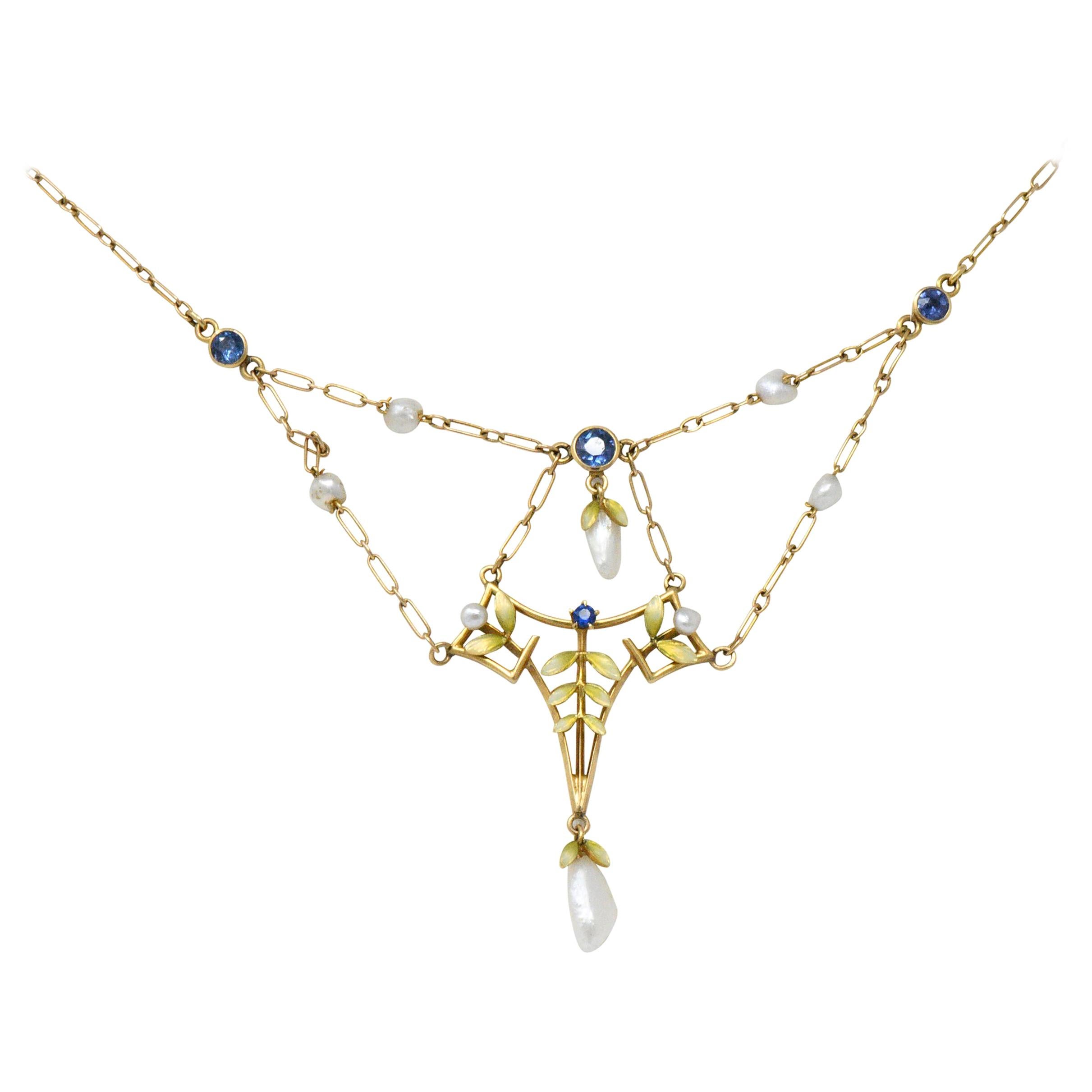 Krementz Art Nouveau Sapphire Enamel Pearl 14 Karat Gold Swag Necklace