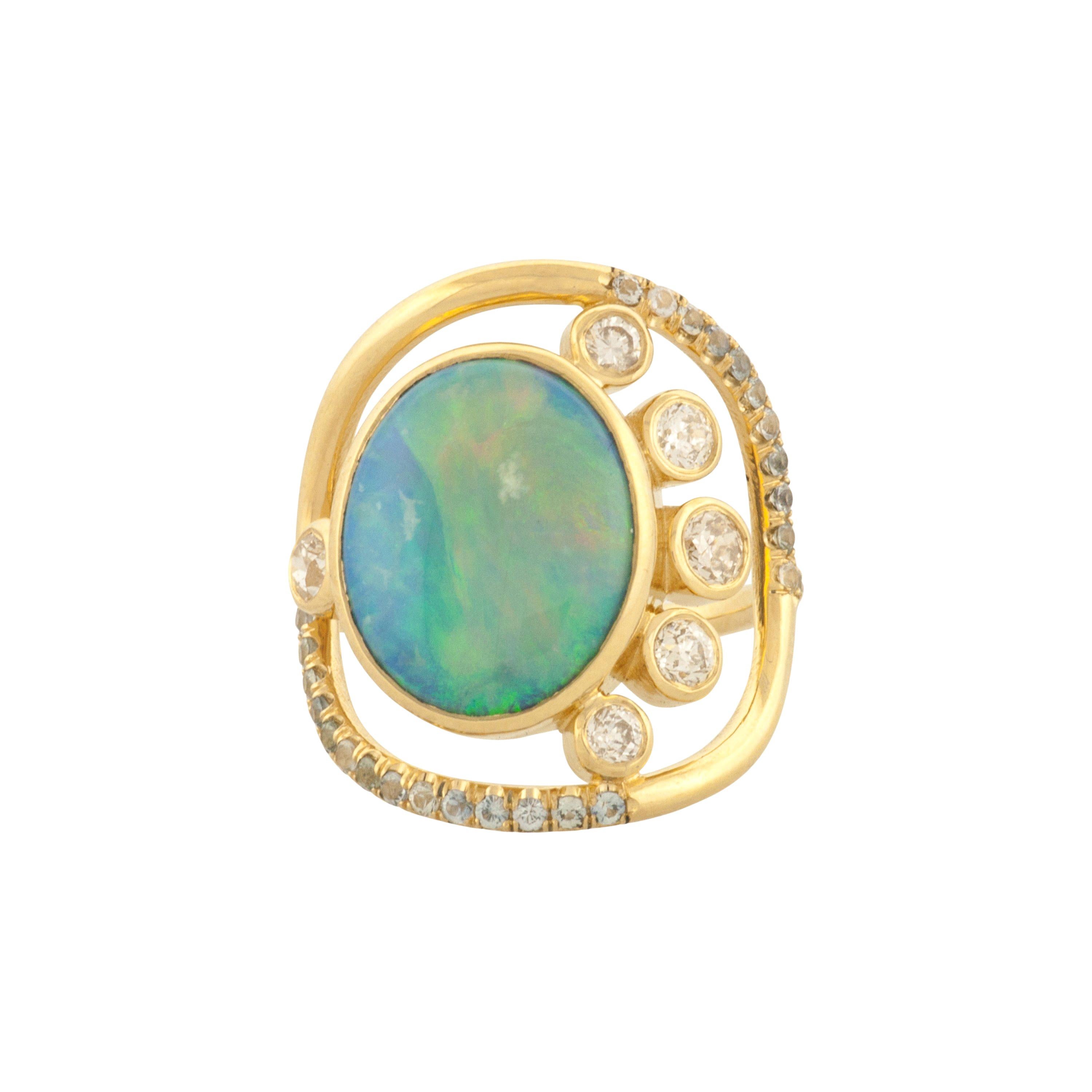 Mociun Australian Opal, Diamond & Sapphire Ring For Sale