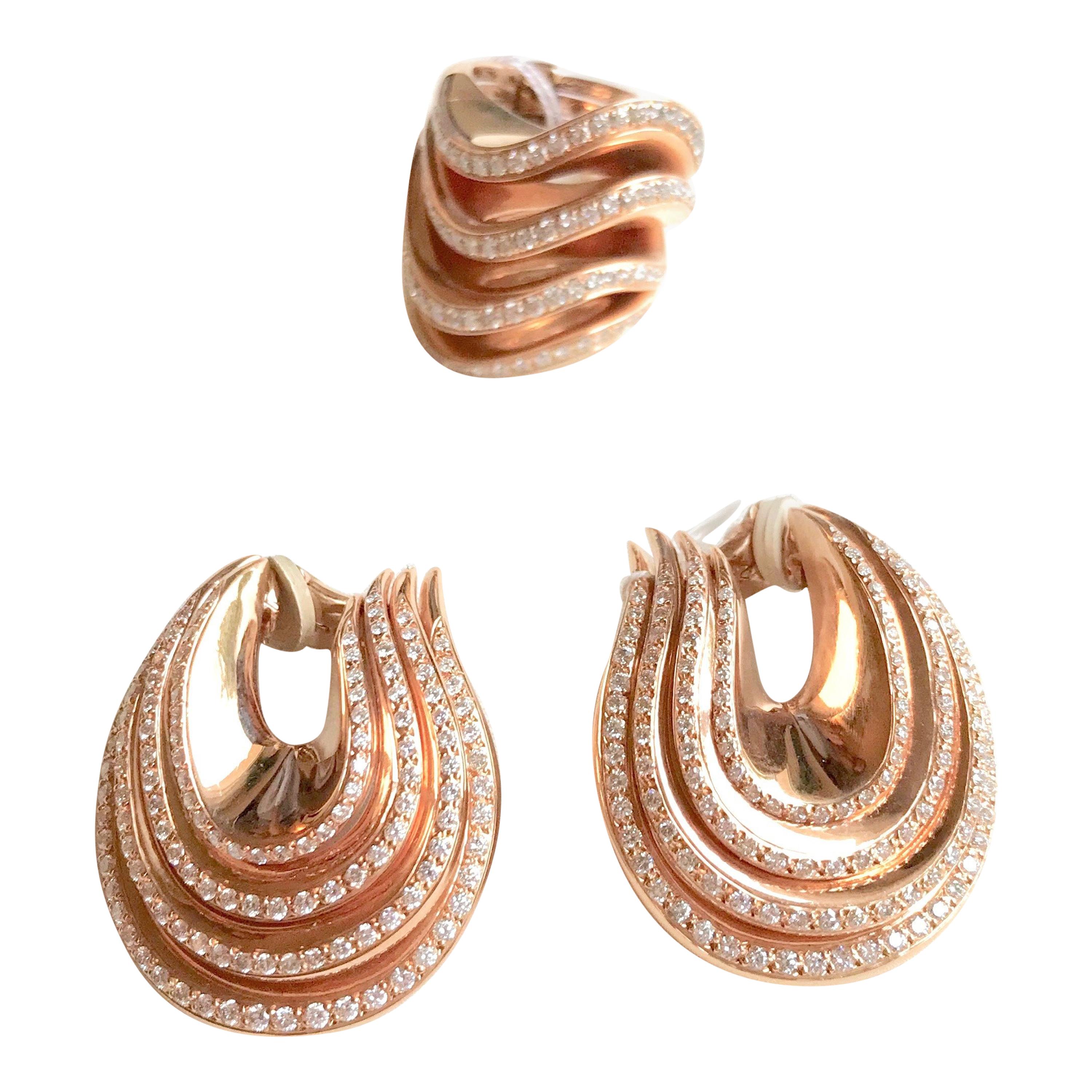 De Grisogono Set Ring and Earrings 18 Kt Pink Gold And Diamonds Onde Collection