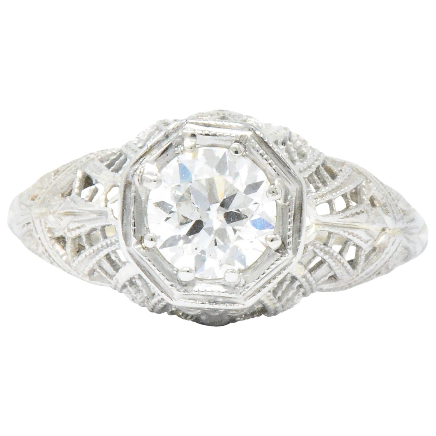 Edwardian 0.63 Carat Diamond 18 Karat White Gold Engagement Ring GIA
