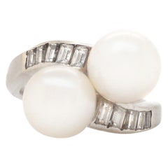 14 Karat White Gold Diamond and Pearl Crossover Estate Ring