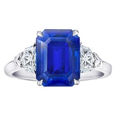 6.30 Carat Emerald Cut Blue Sapphire and Diamond Ring