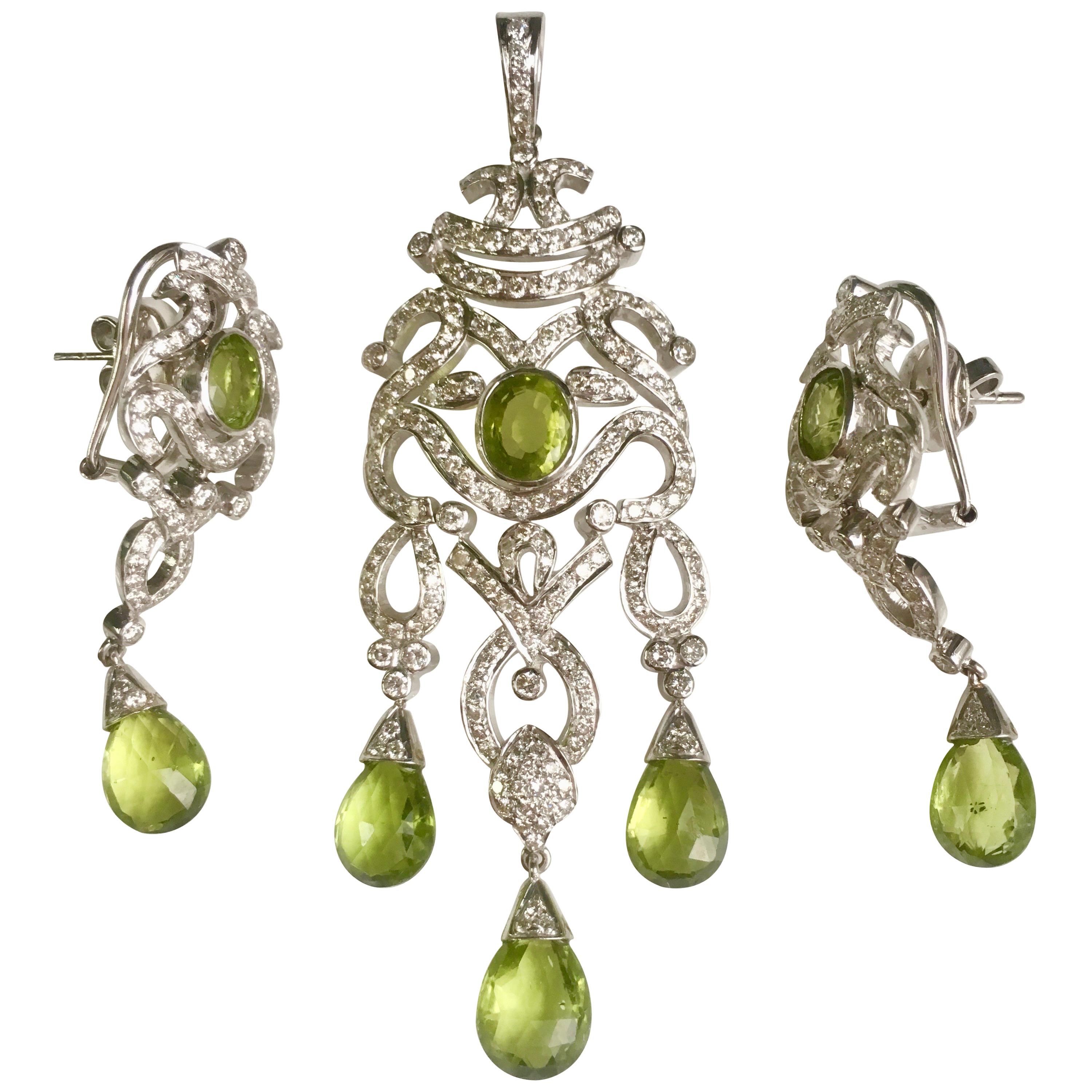 3.67 Carat  White Round Brilliant Diamond And 17.45 Carat Peridot Pendant Set.  For Sale