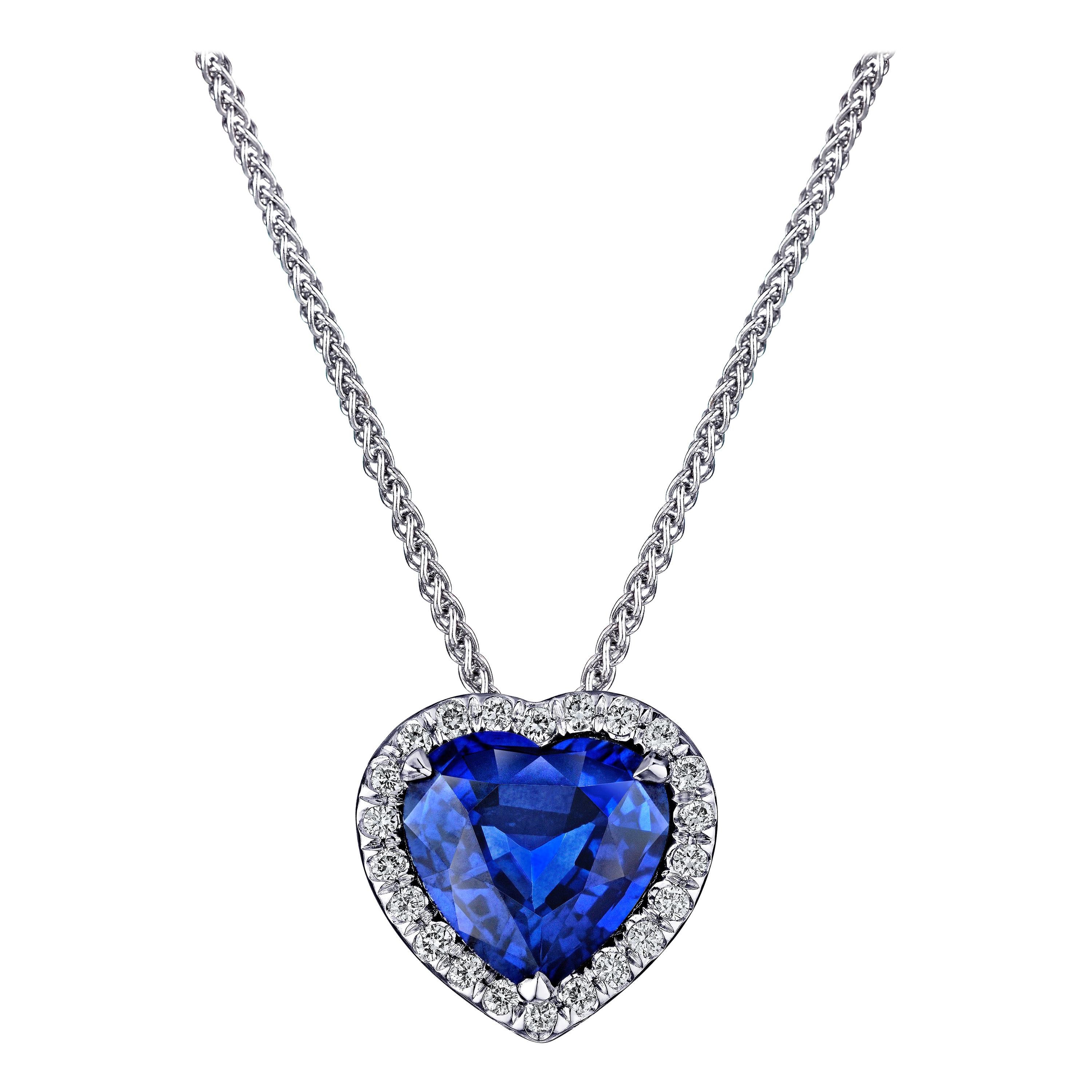 1.68 Carat Blue Heart Shape Sapphire and Diamond Pendant