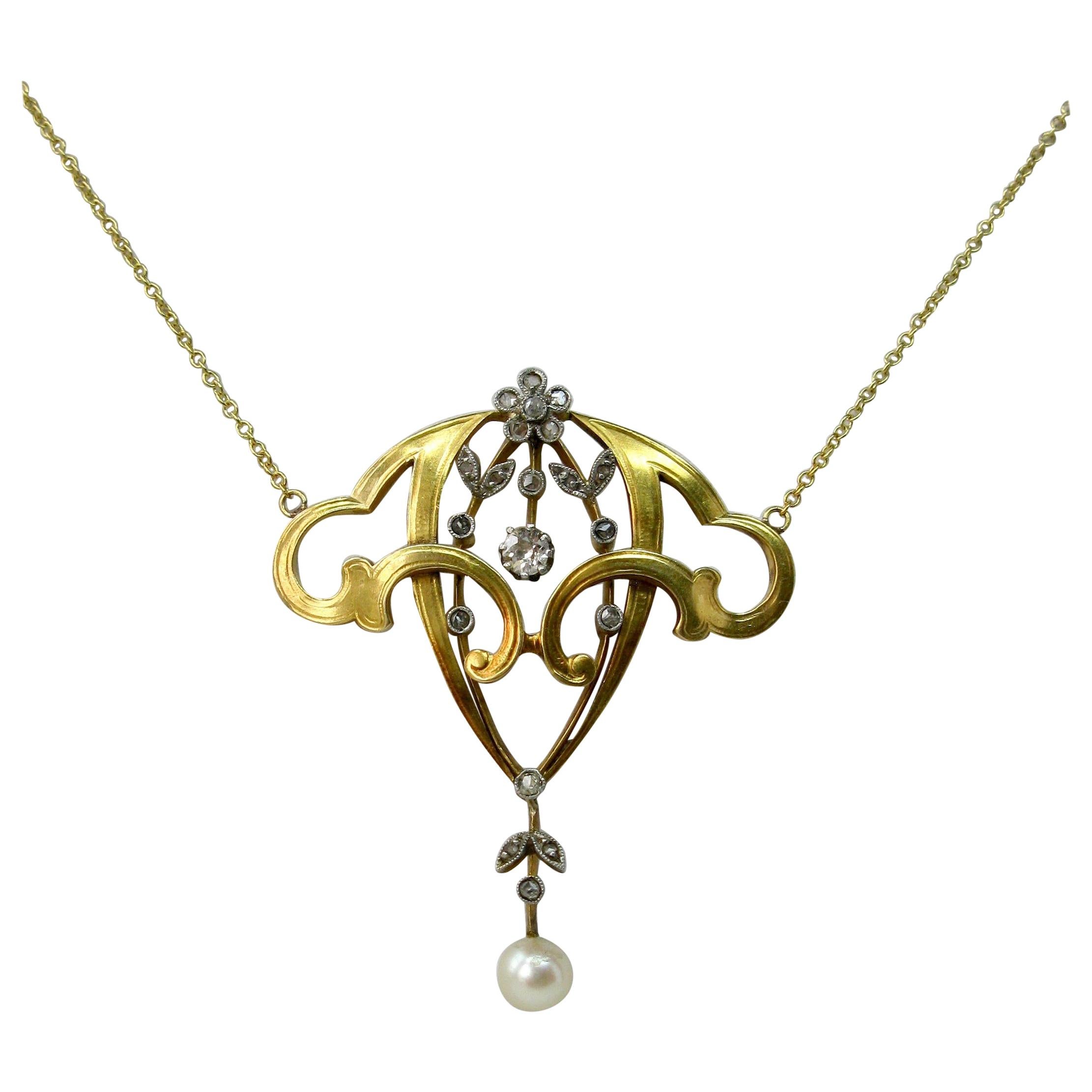 Art Nouveau Diamond Platinum Pearl Flower Necklace Belle Époque Pendant