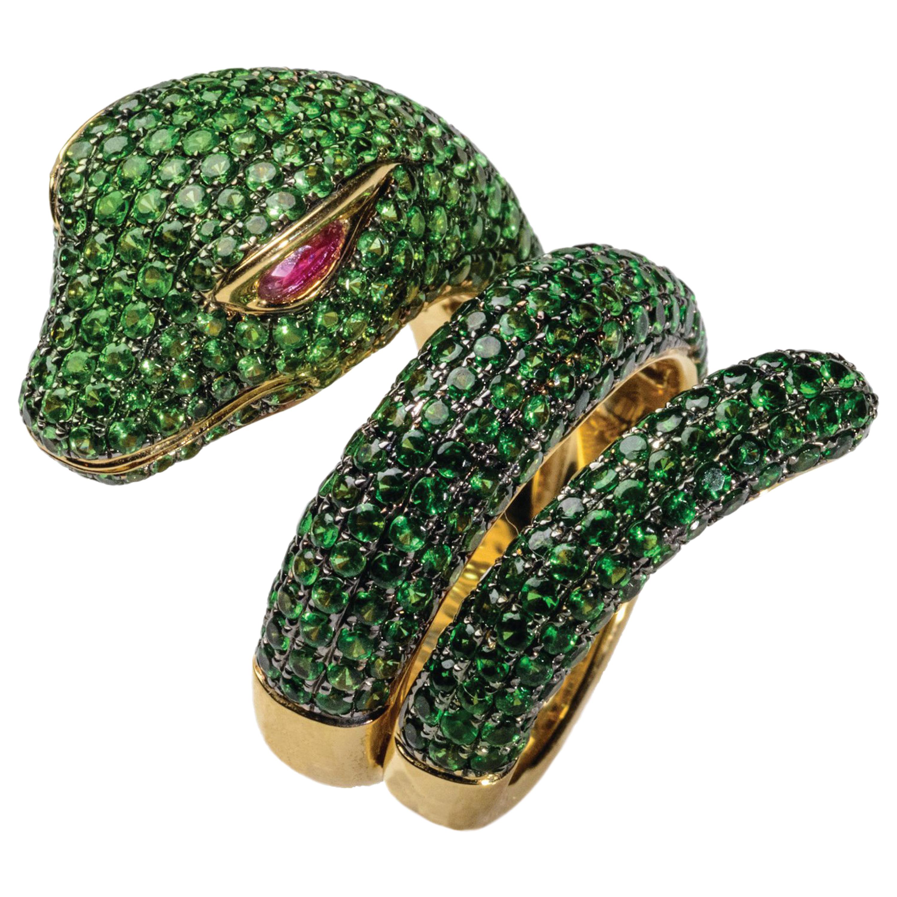 Rosa Van Parys Anaconda Snake 6.46 Carat Tsavorites 18 Karat Yellow Gold Ring For Sale