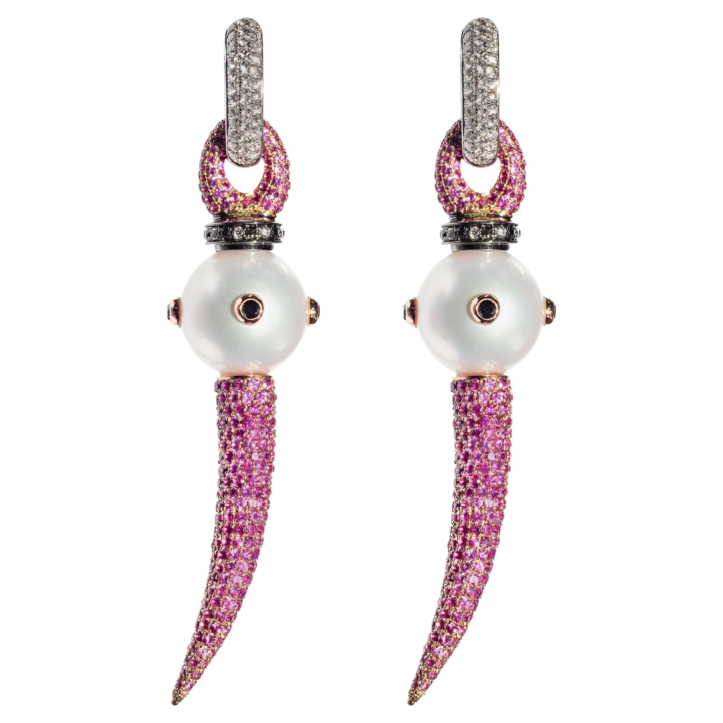 Rosa Van Parys Montana 2.0, 5.2 Carat Pink Sapphires and Pearl Earrings For Sale