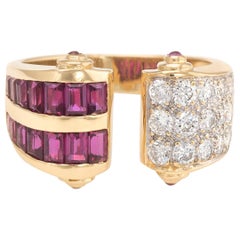 Vintage Cuff Ring Diamond Ruby 18 Karat Yellow Gold Estate Fine Jewelry Open