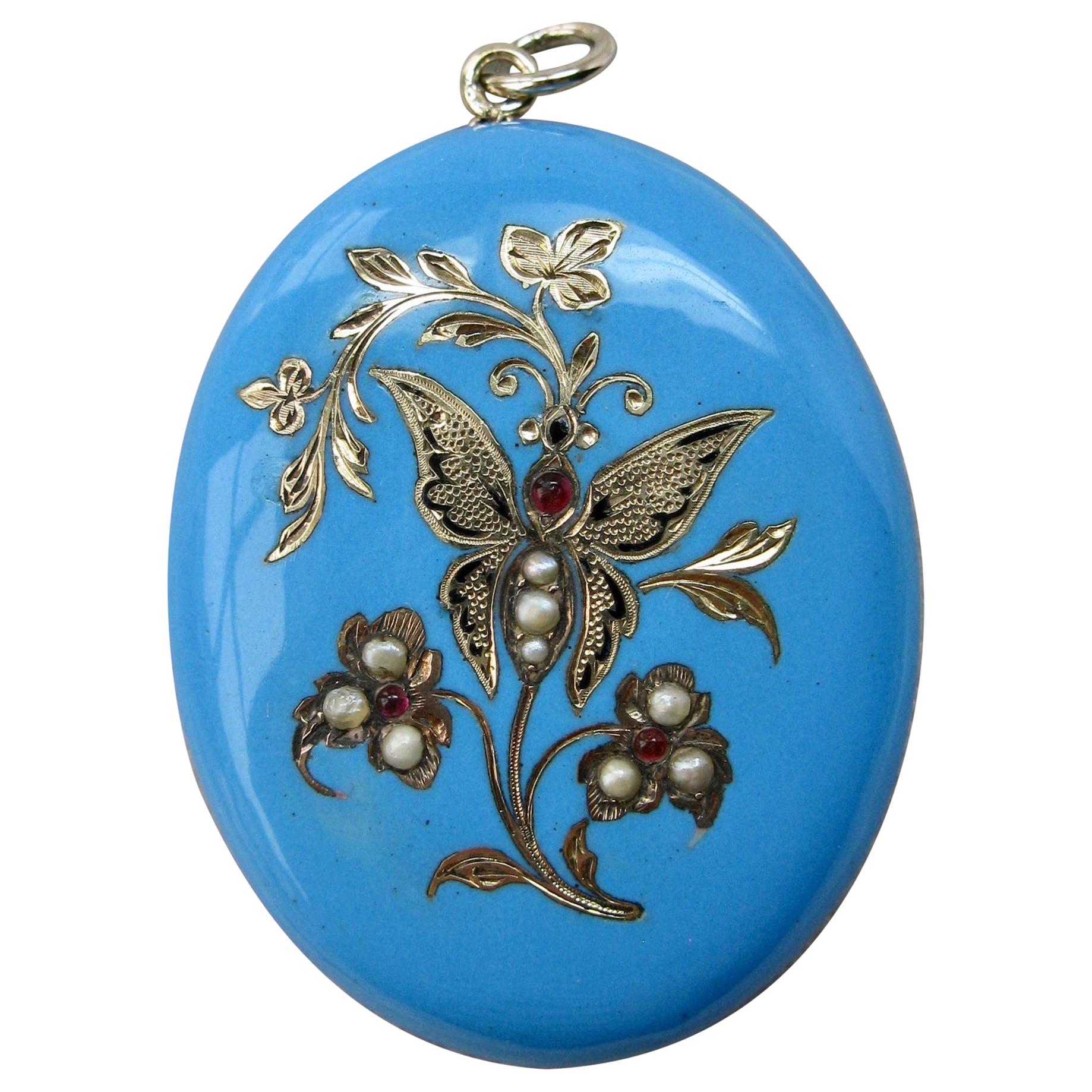 Butterfly Locket Ruby Pearl Enamel 14 Karat Gold Victorian Insect Pendant