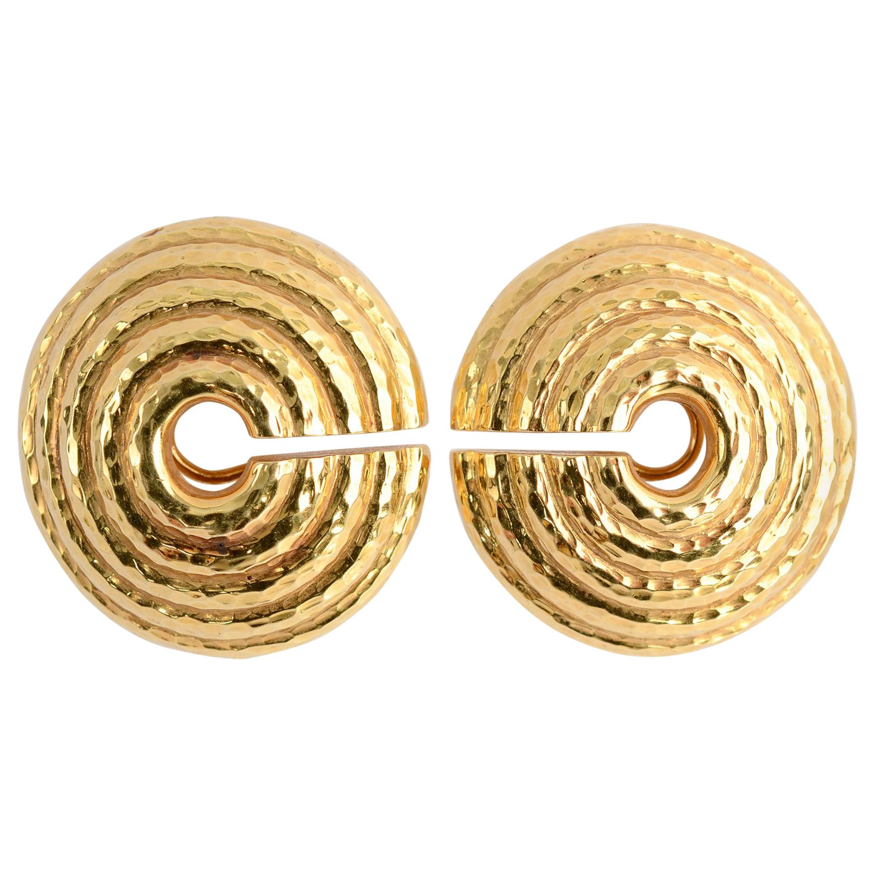 David Webb Large Hammered Gold Circular Earrings For Sale