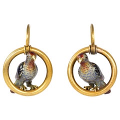 Pair of Enamel and Gold Bird Earrings