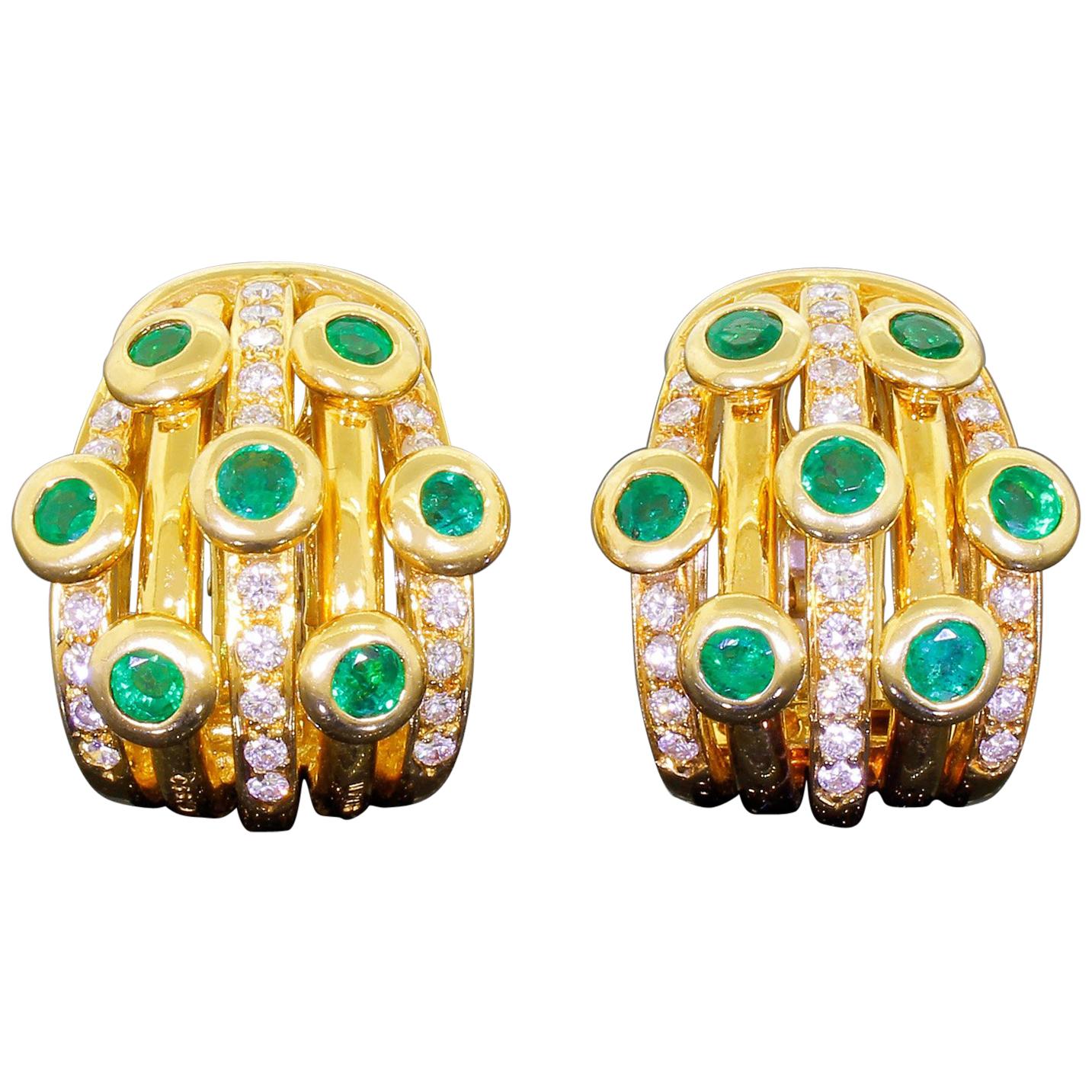 Adler 18k Gold Diamond Emerald Earrings Serail 1990 Classic Couture Clip On 26G For Sale