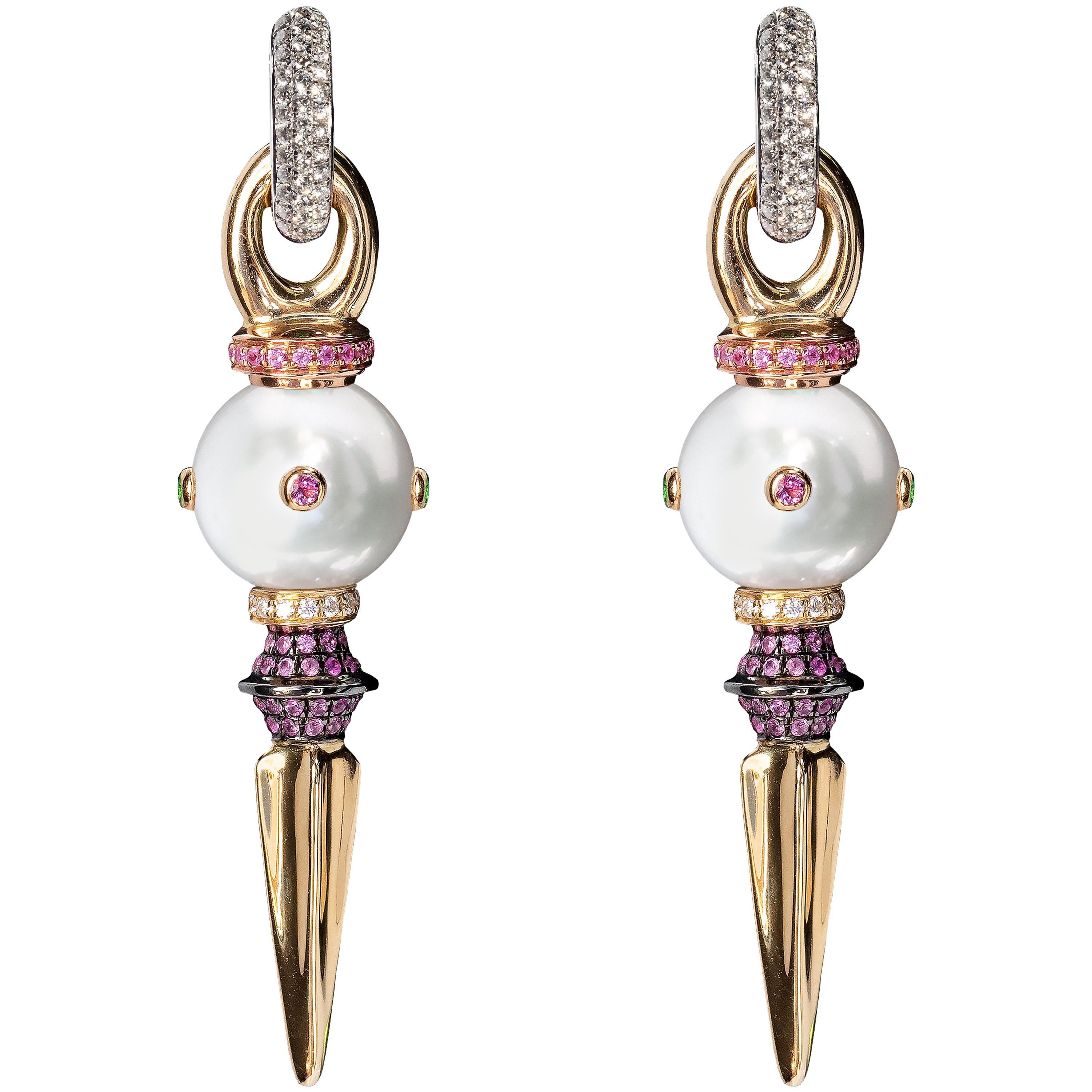 Rosa Van Parys Giselle South Sea Pearl  encrusted Sapphires Gold earrings For Sale