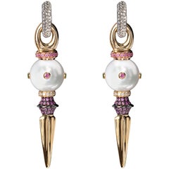 Rosa Van Parys Giselle South Sea Pearl  encrusted Sapphires Gold earrings