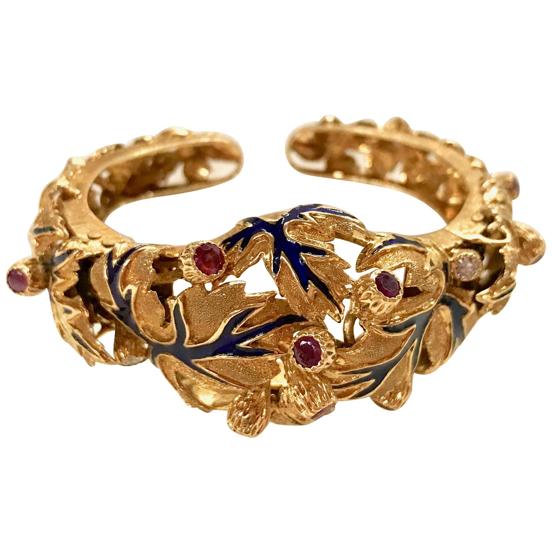 Zolotas Bracelet in 18 Karat Yellow Gold Foliage Pattern Enamel Ruby Diamonds