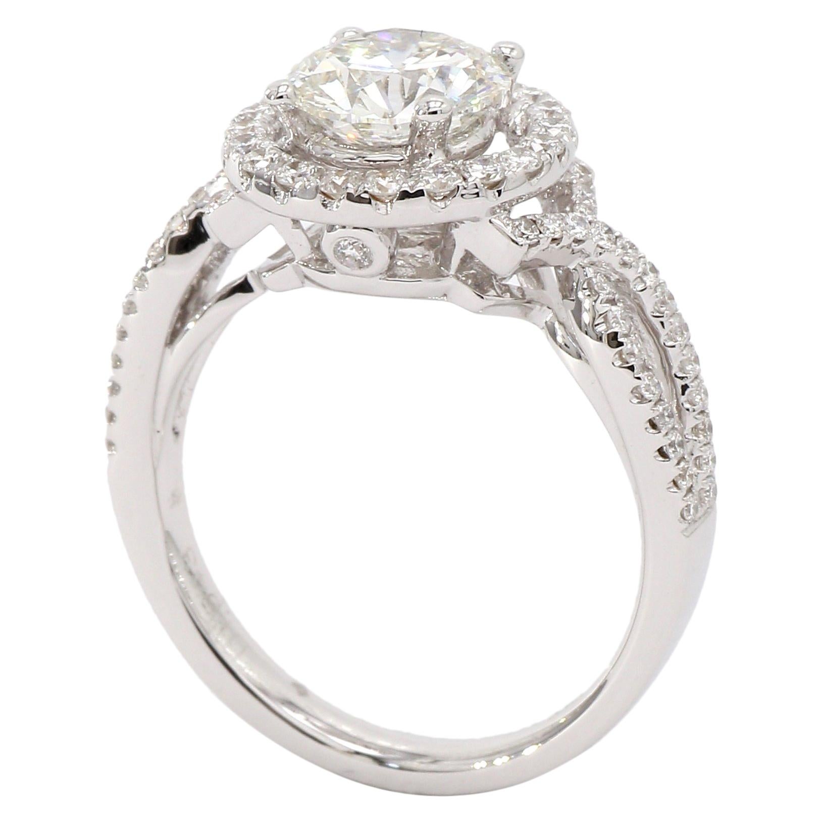 18 Karat White Gold Round Brilliant Diamond Halo Engagement Ring EGL Certified For Sale