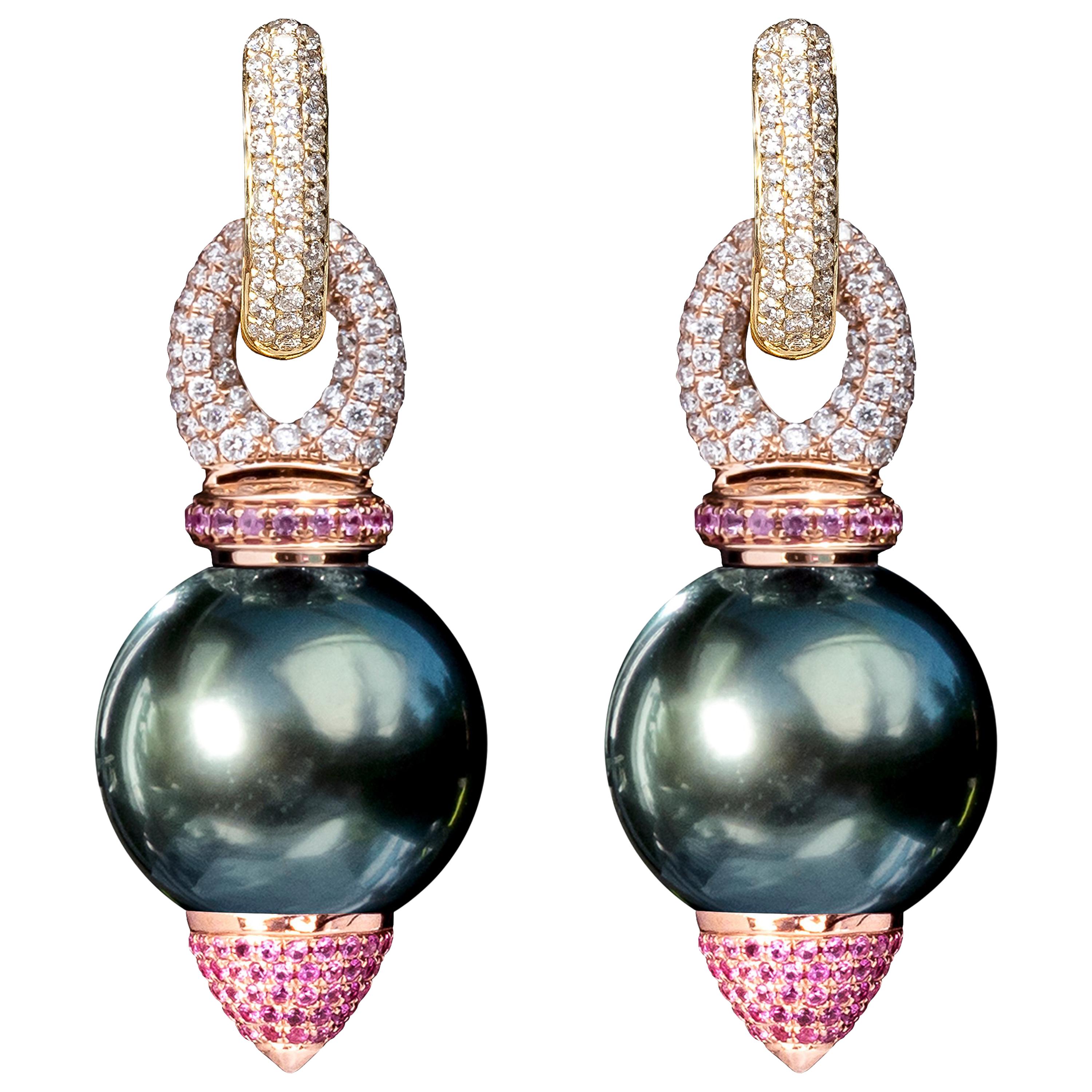 Rosa Van Parys Elise Tahitian Pearl and Gold Earrings with Diamonds For Sale