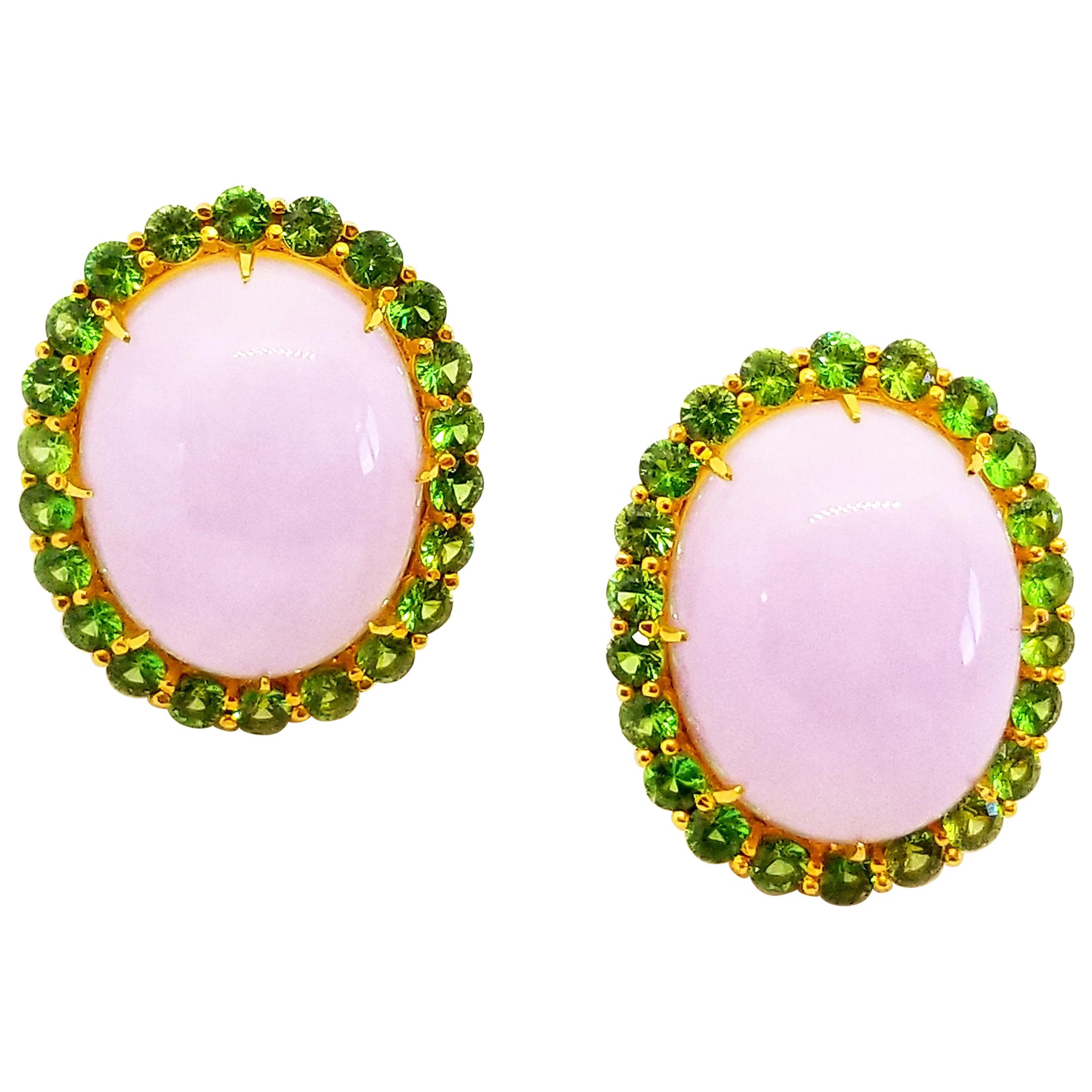 Natural Lavender Jade 4 Carats Green Tsavorite Garnet 18 Karat Gold Earrings