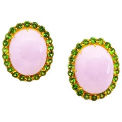 Natural Lavender Jade 4 Carats Green Tsavorite Garnet 18 Karat Gold Earrings