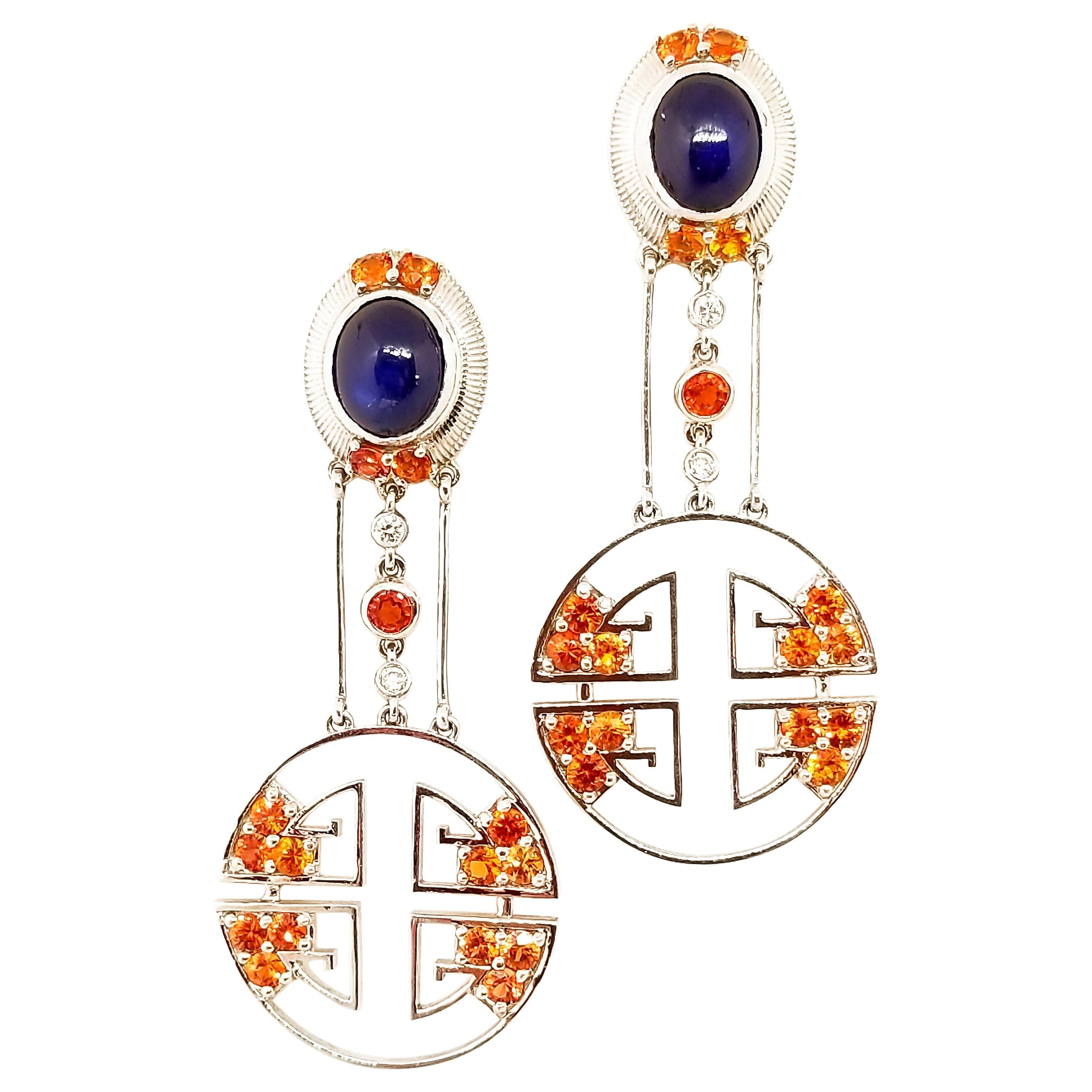 8.05 Carat Blue and Orange Sapphire Diamond Oriental Deco Style Drop Earrings