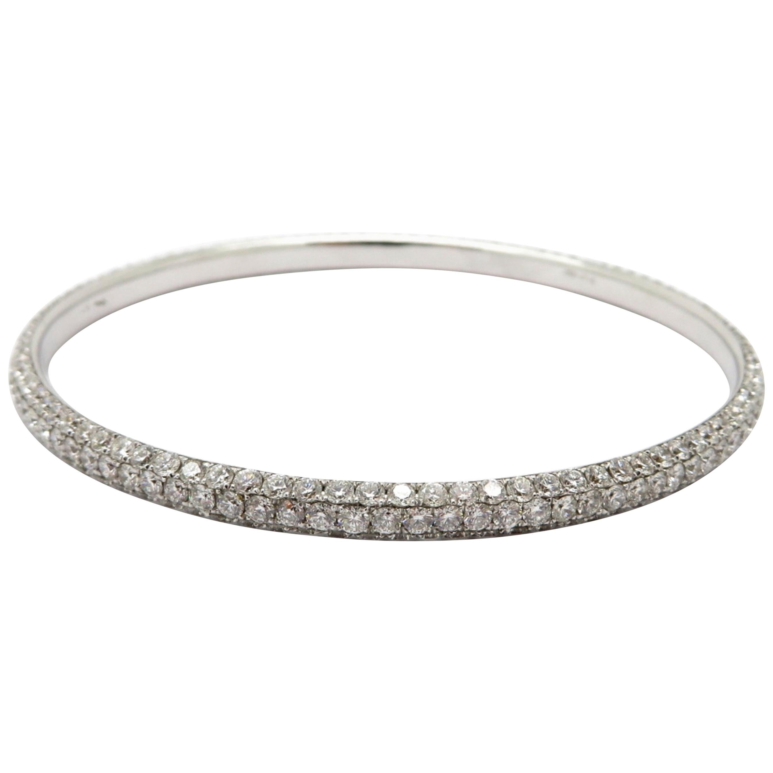 Estate Vintage 18 Karat White Gold Pave Round Diamond Bangle Bracelet For Sale