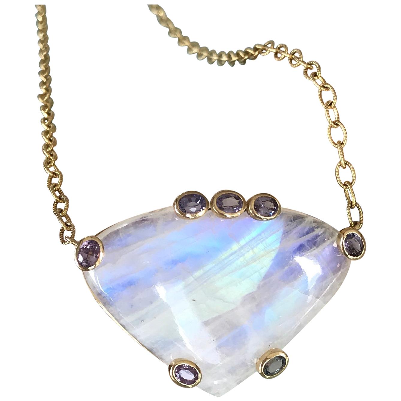Joon Han Fancy Cut Cabochon Rainbow Moonstone Spinel 18K Yellow Gold Necklace For Sale