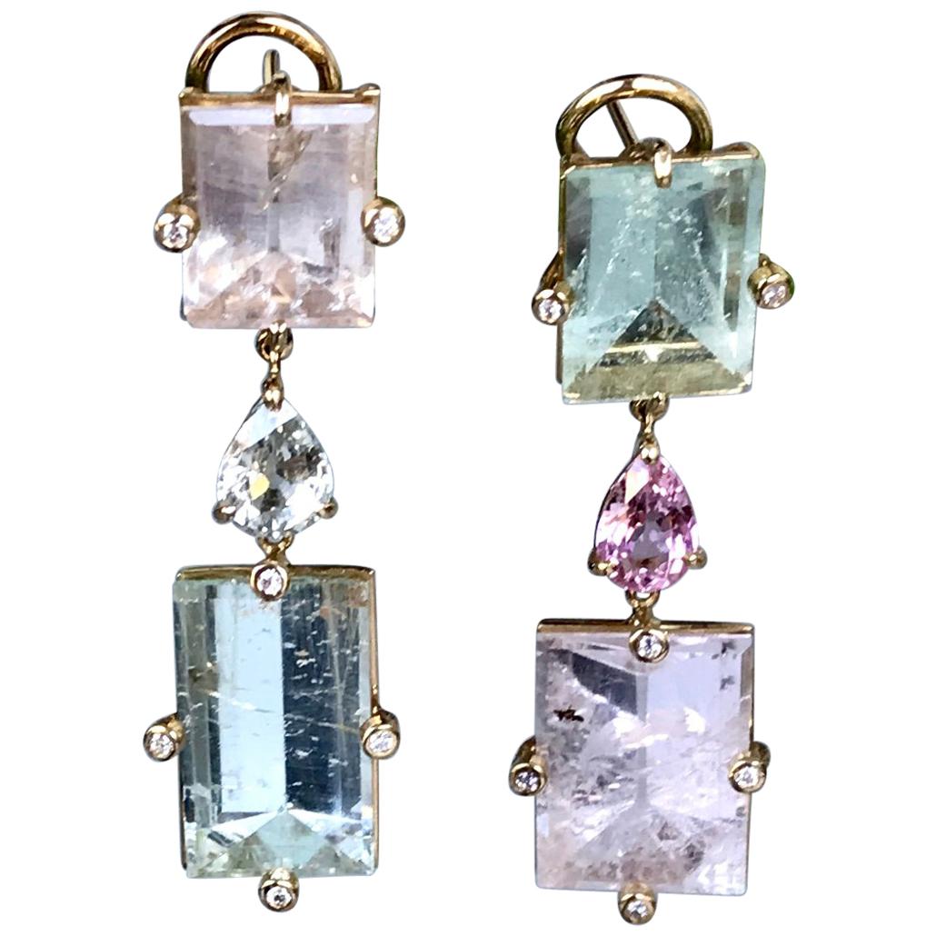 Joon Han Fancy Mirror Cut Beryl Morganite Sapphire Diamond 18K Gold Drop Earring For Sale