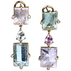 Joon Han Fancy Mirror Cut Beryl Morganite Sapphire Diamond 18K Gold Drop Earring