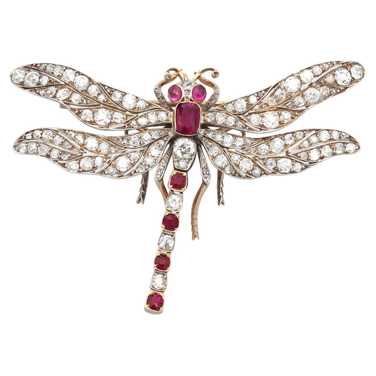 Antique Victorian Ruby and Diamond Yellow Gold Dragonfly Brooch