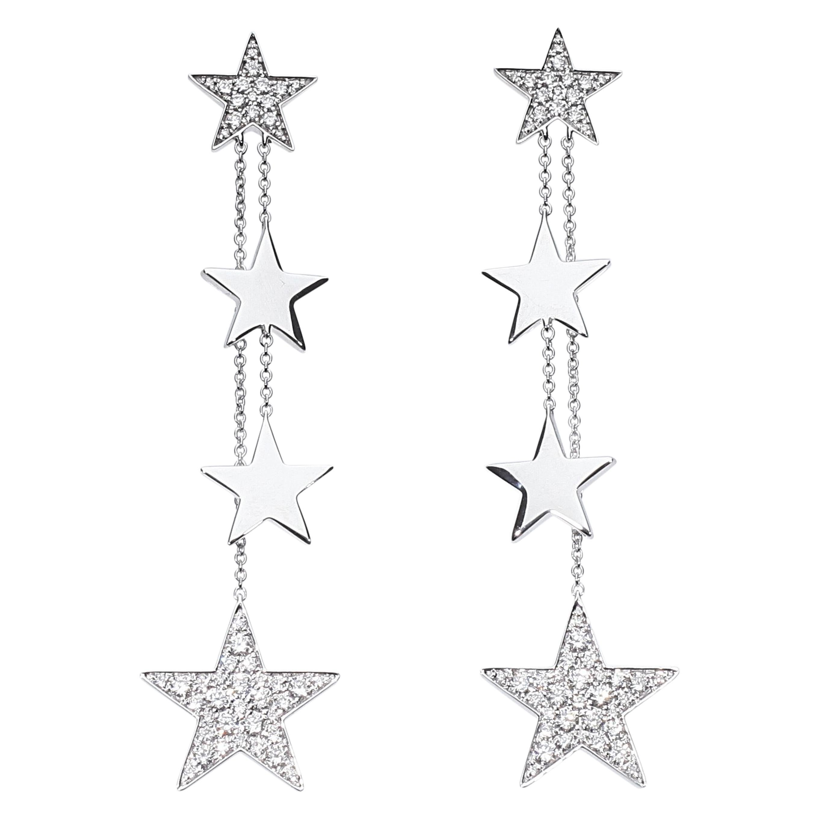 Earrings with Pendent Diamond Stars 18 Karat White Gold For Sale