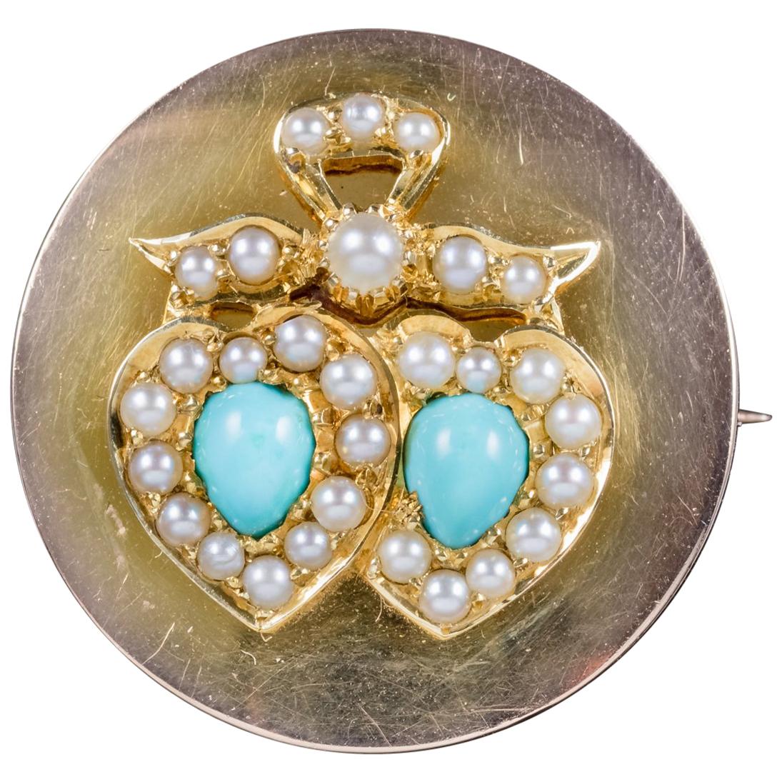 Antique Edwardian Turquoise Pearl Heart Brooch Locket 18 Carat Gold, circa 1910 For Sale