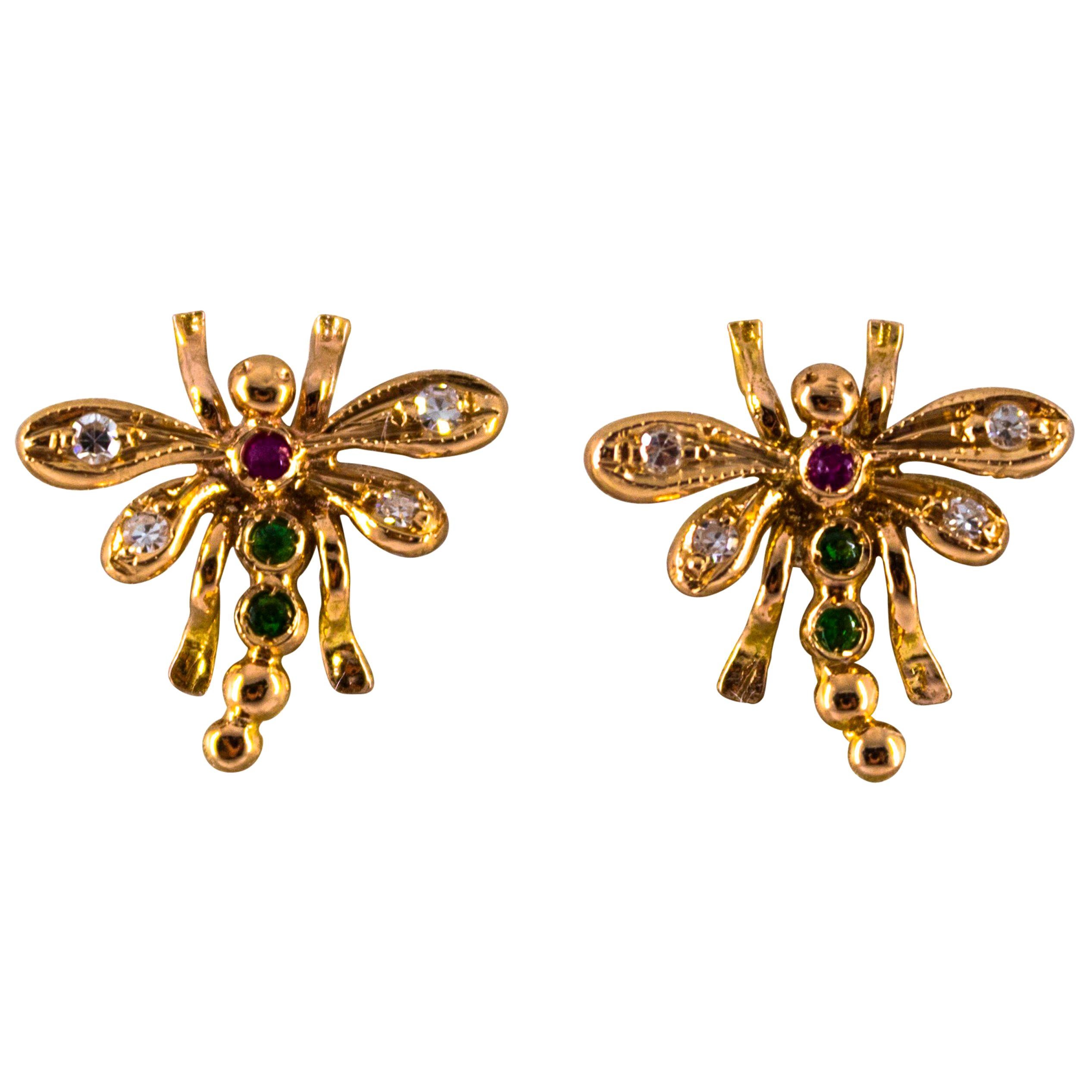 0.08 Carat White Diamond 0.06 Carat Ruby Emerald Yellow Gold Dragonfly Earrings