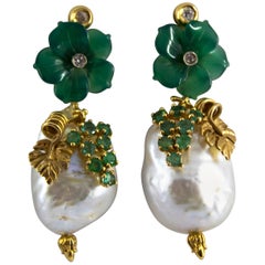 Pearl 0.90 Carat Emerald Agate 0.12 Carat White Diamond Yellow Gold Earrings