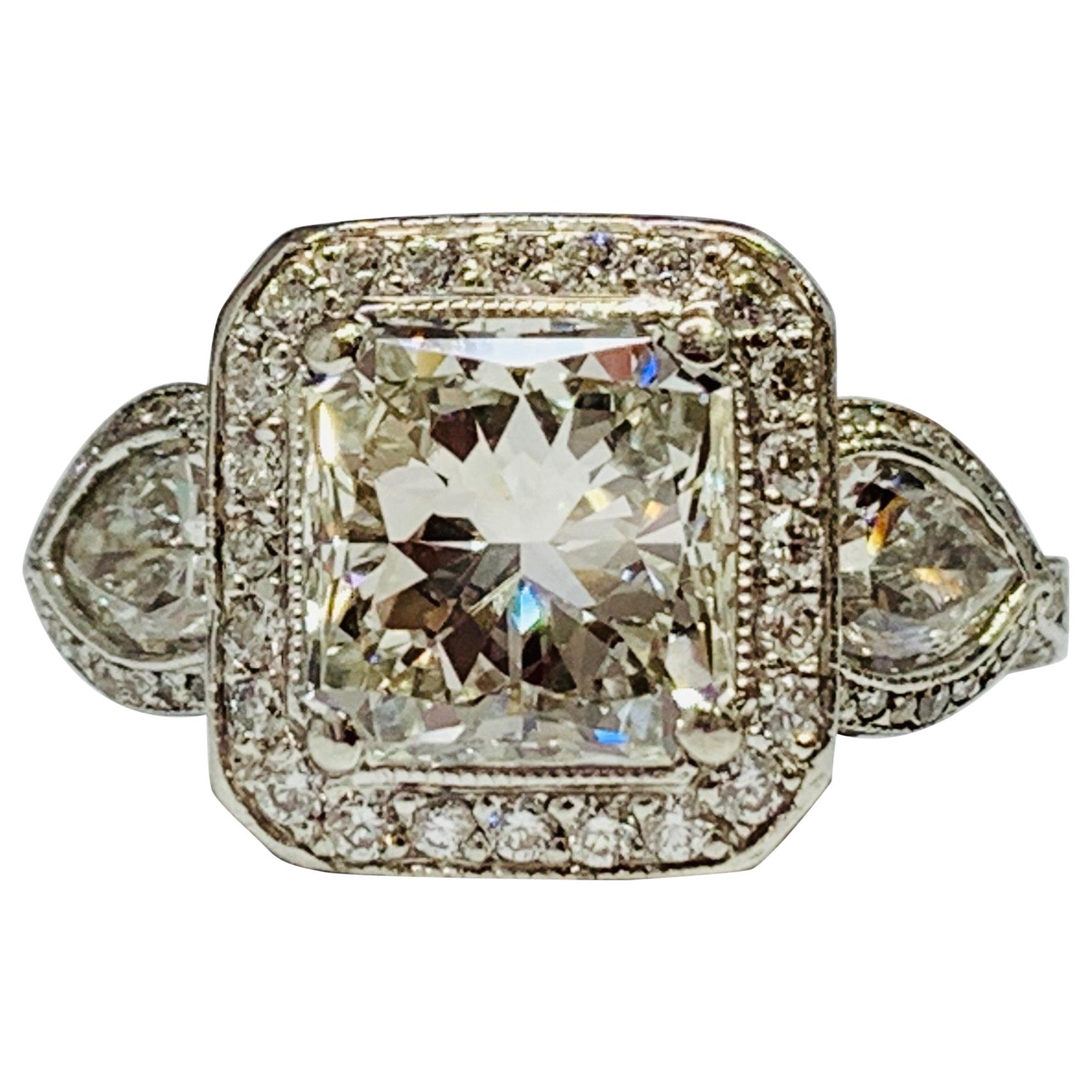 JB Star Platinum 3.70 Carat Total Weight Radiant Cut Diamond Engagement Ring For Sale