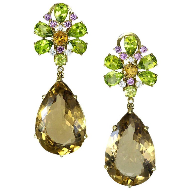 Alex Soldier Champagne Quartz Peridot Pink Sapphire Diamond Gold Drop Earrings For Sale