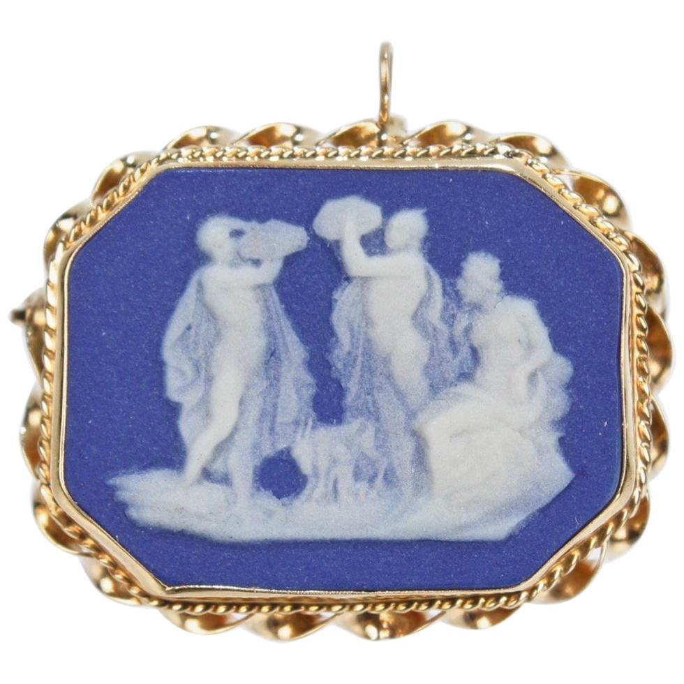 Antique 19th Century Wedgwood Blue Jasper Plaque and 14 Karat Gold Pendant / Pin For Sale