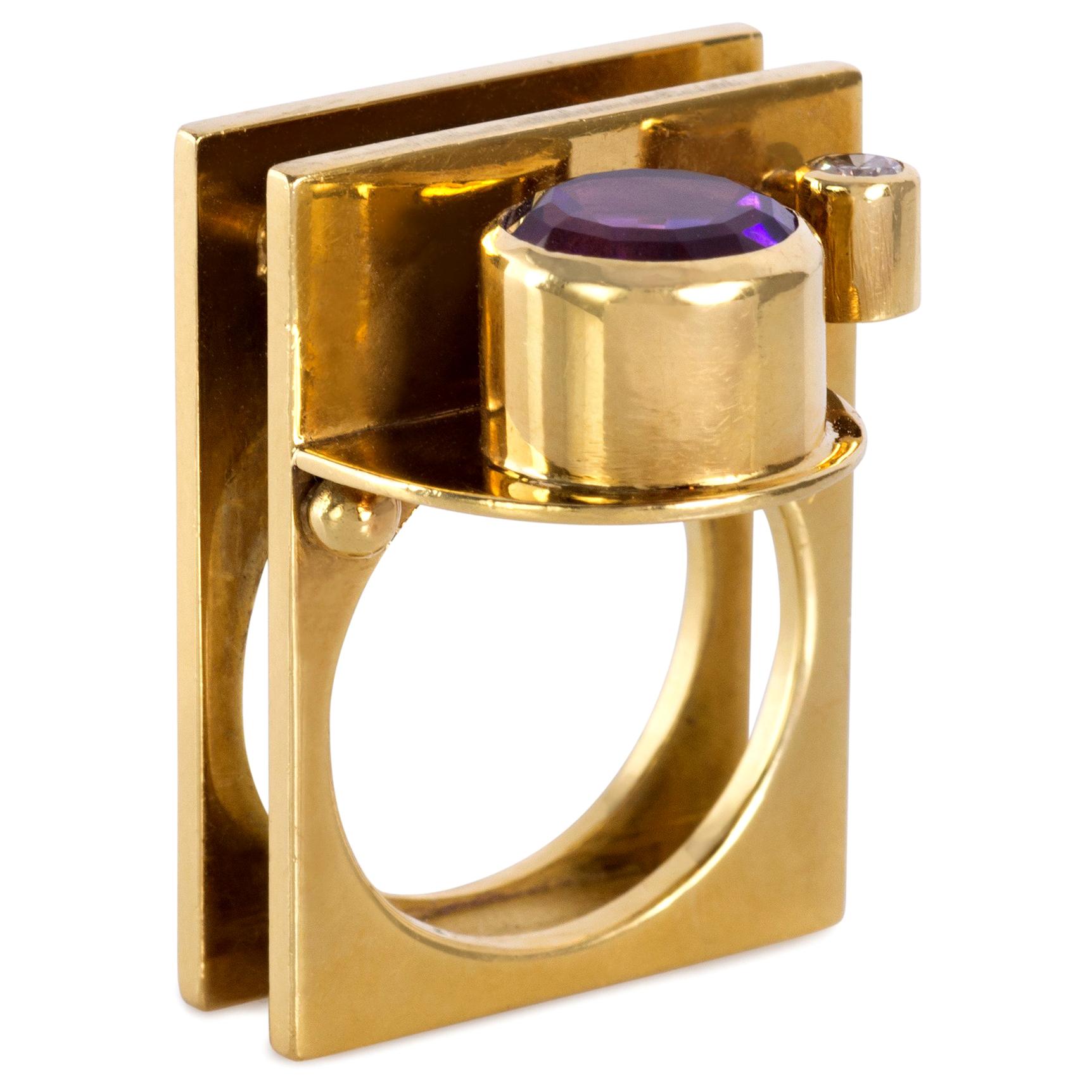 Hannelore Gabriel Amethyst Diamond and Yellow Gold Ring