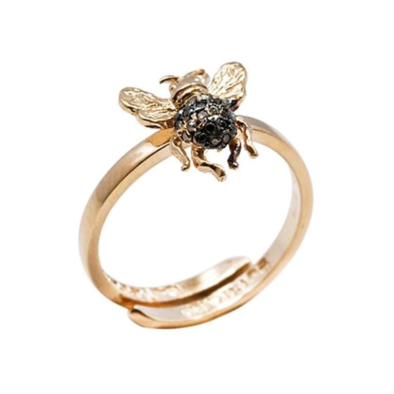Mini Bee Gold Band Ring with Pavé Black and Cognac Diamonds For Sale