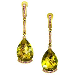 Lemon Quartz Pink Sapphire Yellow Gold Swan Drop Earrings
