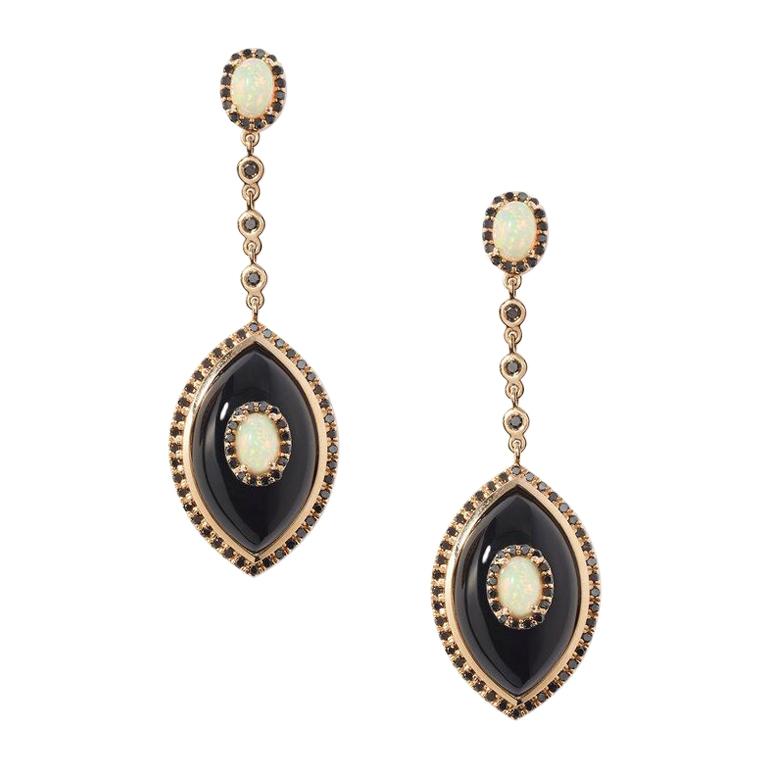 Marlo Laz Black Diamond Onyx Opal 14 Karat Yellow Gold Evil Eye Amulet Earrings For Sale