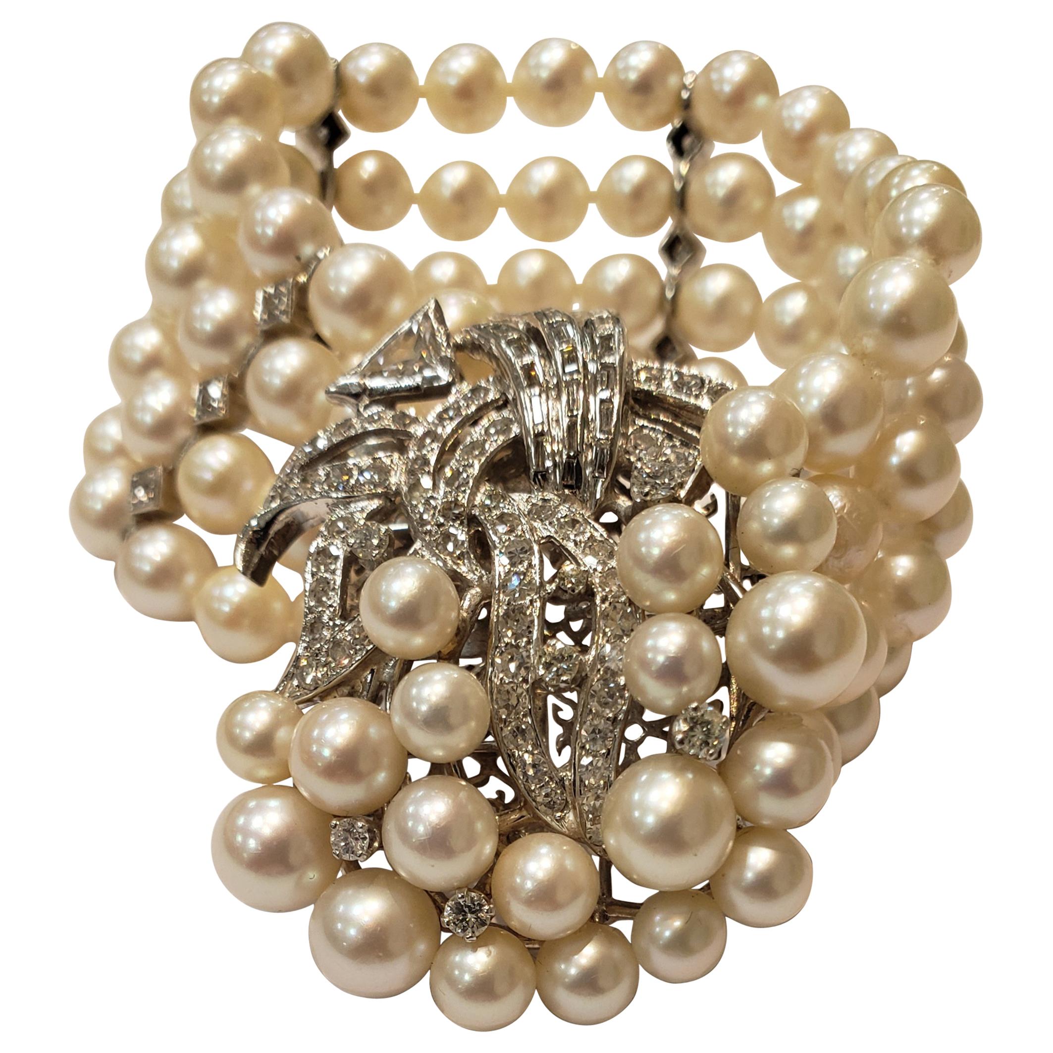 Midcentury Four Strand Pearl Bracelet with Assorted Diamond Clasp For Sale