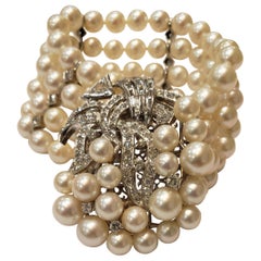 Midcentury Four Strand Pearl Bracelet with Assorted Diamond Clasp