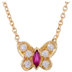 Vintage Van Cleef & Arpels Diamond and Ruby Yellow Gold Butterfly Pendant Necklace