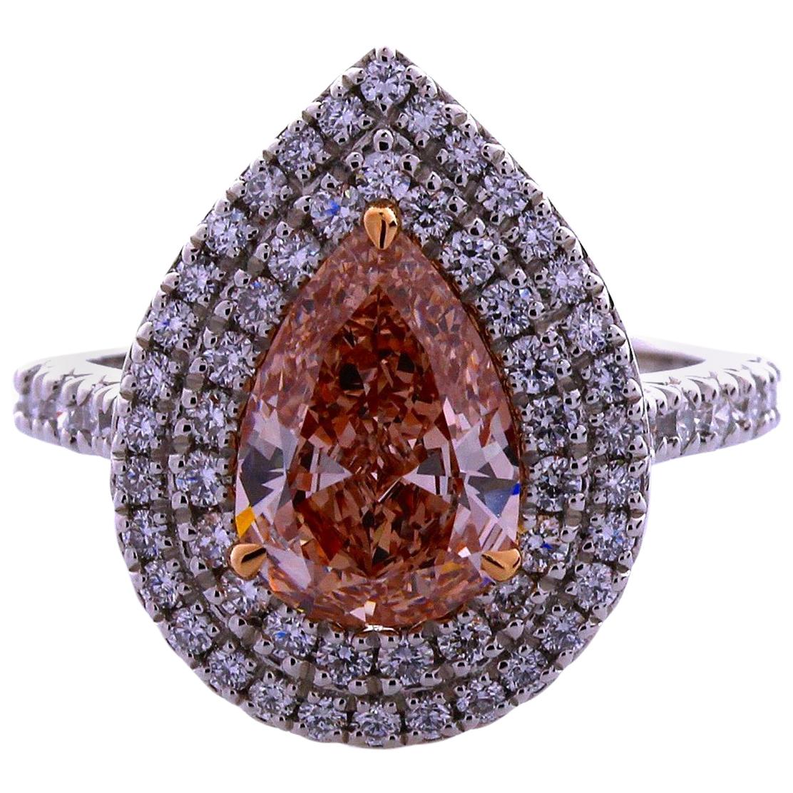GIA Certified 1.59 Carat Pear Shape Natural Fancy Brown Pink VS2 Platinum Ring For Sale