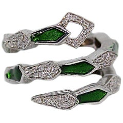 White Gold Spiral Snake Ring with Pavé Diamonds and Green Enamel